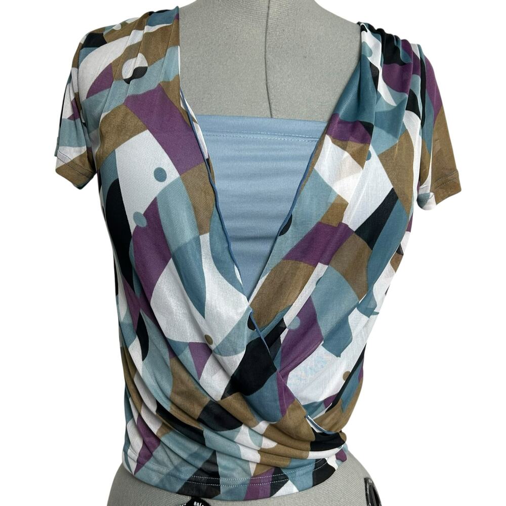 Vintage Miniera Blue Multicolor Geometric Patterned Wrap Blouse Size L